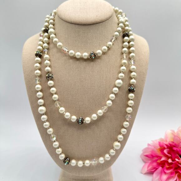 Vintage Judy Lee Long Faux Pearl AB Filigree Bead Single Strand Necklace Flapper - Picture 3 of 16